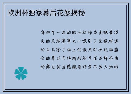 欧洲杯独家幕后花絮揭秘